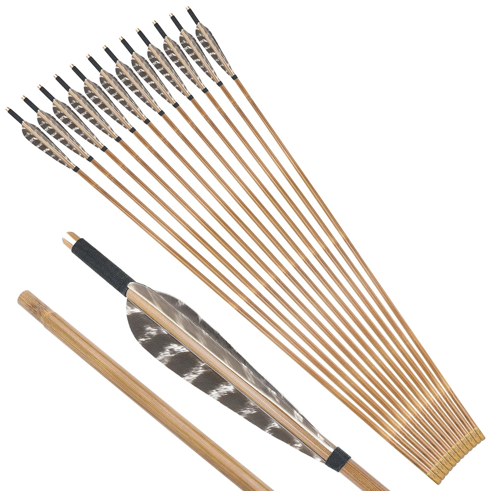 ZSHJGJR Flechas de bambú con tiro con arco de 33 pulgadas, hechas a mano,  flechas de práctica con pluma de pavo de 5 pulgadas para arco recurvo