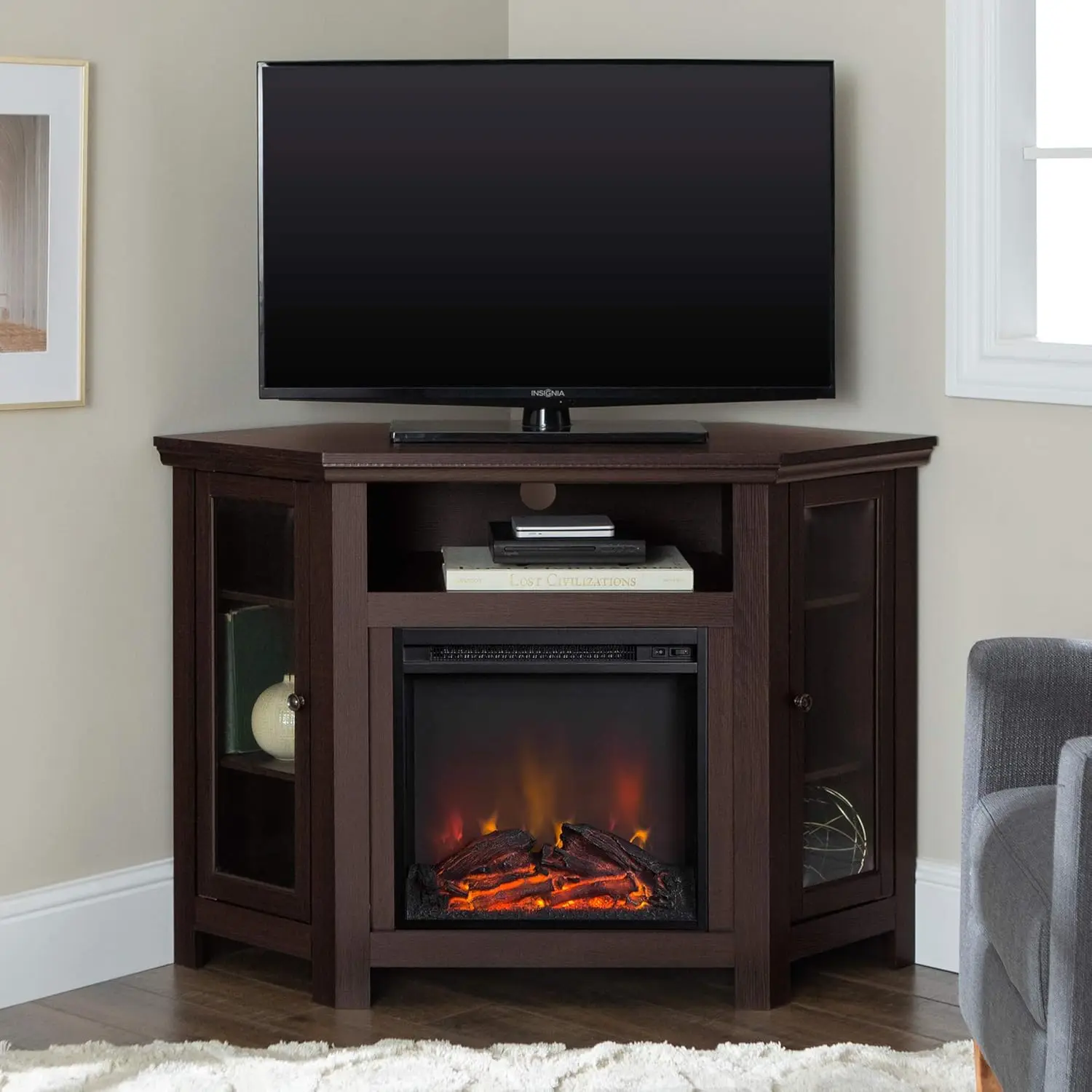 Alcott Classic Glass Door Fireplace Corner Entertainment Center TV Stand for TVs Up To 55 Inches 48 Inch Espresso 4