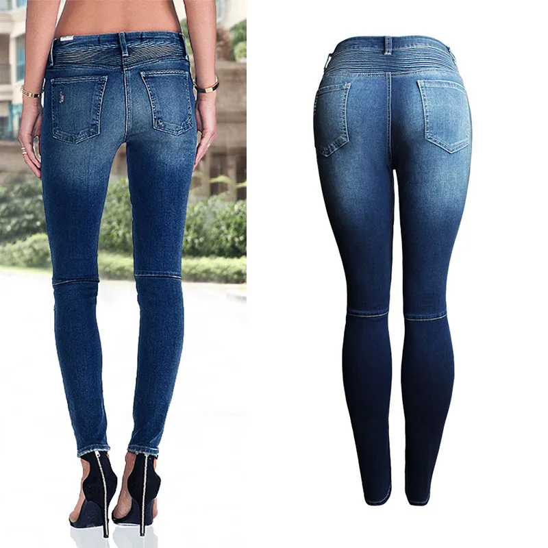 Women's Denim Pencil Pants with Holes Slim Fit Elastic Slim Waist Motorcycle Style