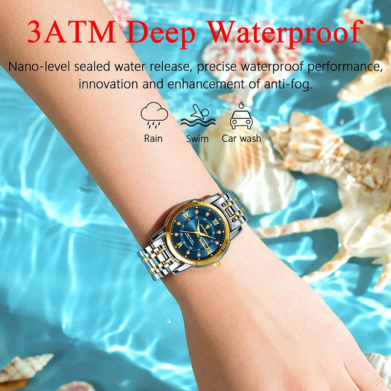 Gold Female Watches Luxury Rhinestone Stainless Steel Bracelet Women Quartz Wrist Watches Luminous Waterproof Date Clock Relojes 2