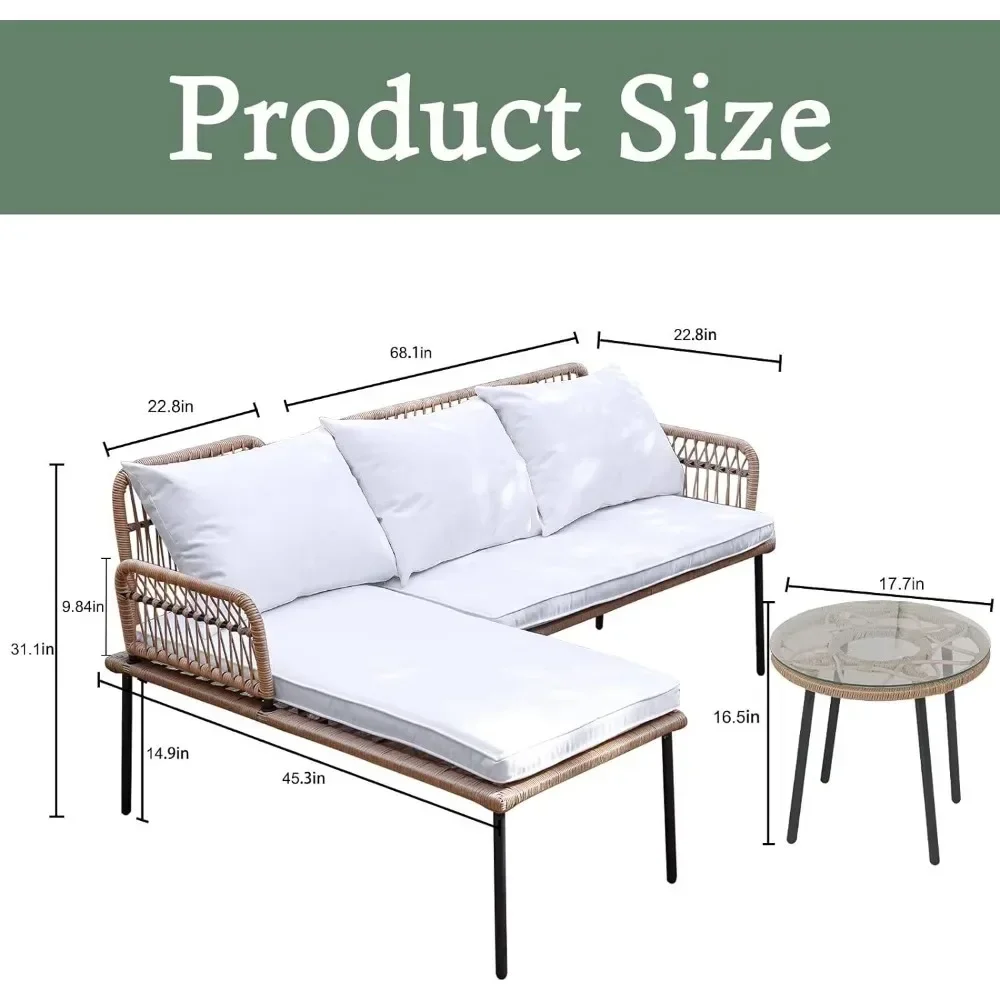 3 Pieces Patio Furniture Set, L-Shaped Outdoor Chaise Lounge Wicker Rope Boho Patio Bistro Set for Balcony,Poolside,Porch, White 4