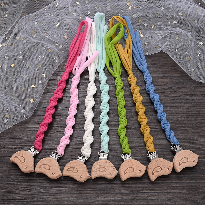 

Baby Wooden Bird Shape Pacifier Clip Infant Handmade Cotton Woven Nipple Chain DIY Colorful Baby Dummy Holder Clip Teething Toy
