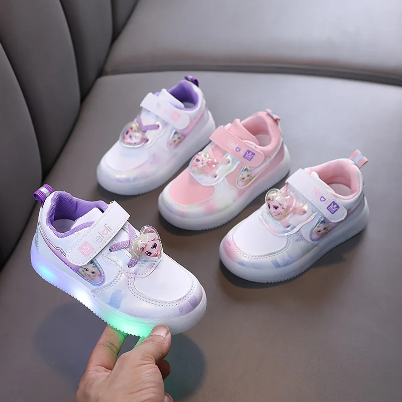 

Disney LED Casual Sneakers Girls Frozen Elsa Princess PU Leather Pink Shoes Children Lighted Non-slip Shoes Size 21-30