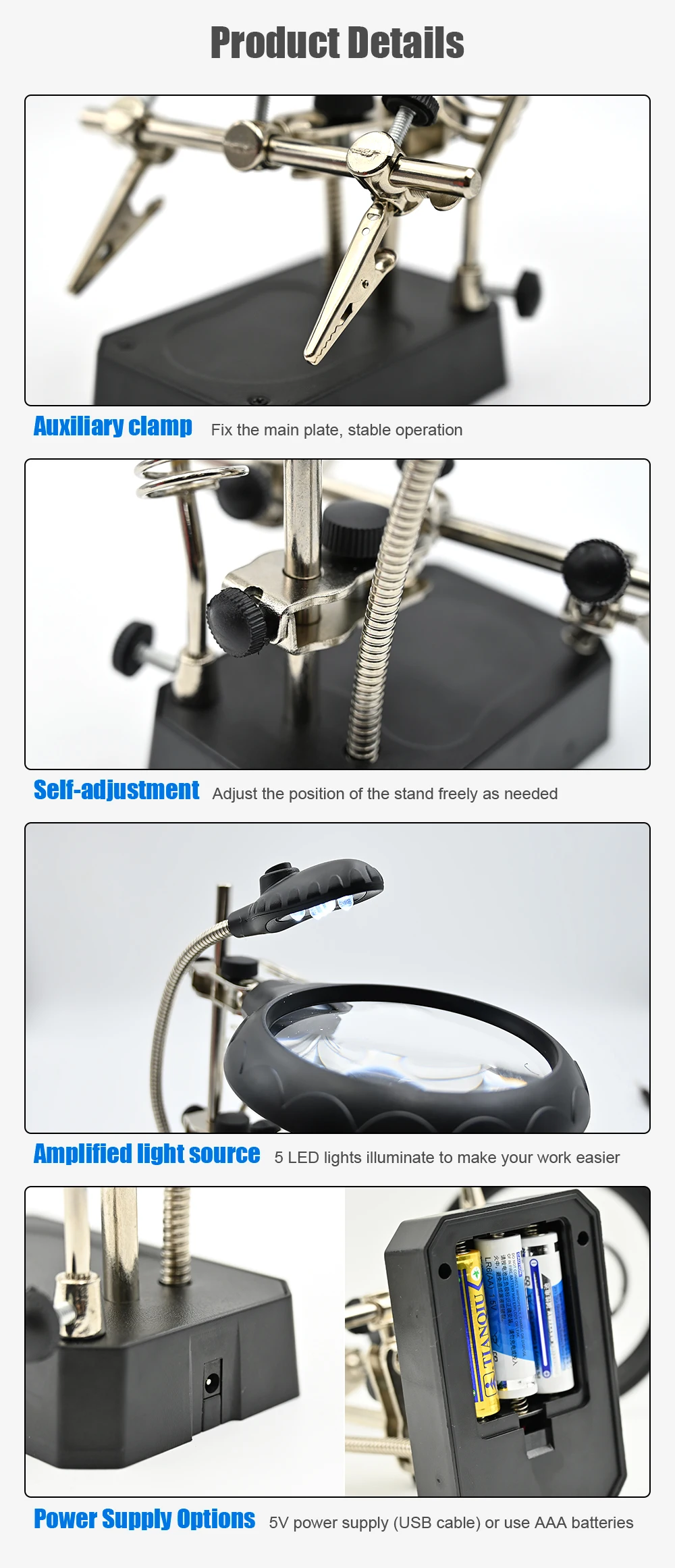 JCD Welding Magnifying Glass LED Light Auxiliary Clip Loupe Magnifier 3 In1 Hand