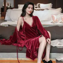 Robe Sets Long Section Red Robe Wedding Bridesmaid Winter Velvet Pajamas Autumn Winter Two Sets Sexy Nightwear Sleepwear Women