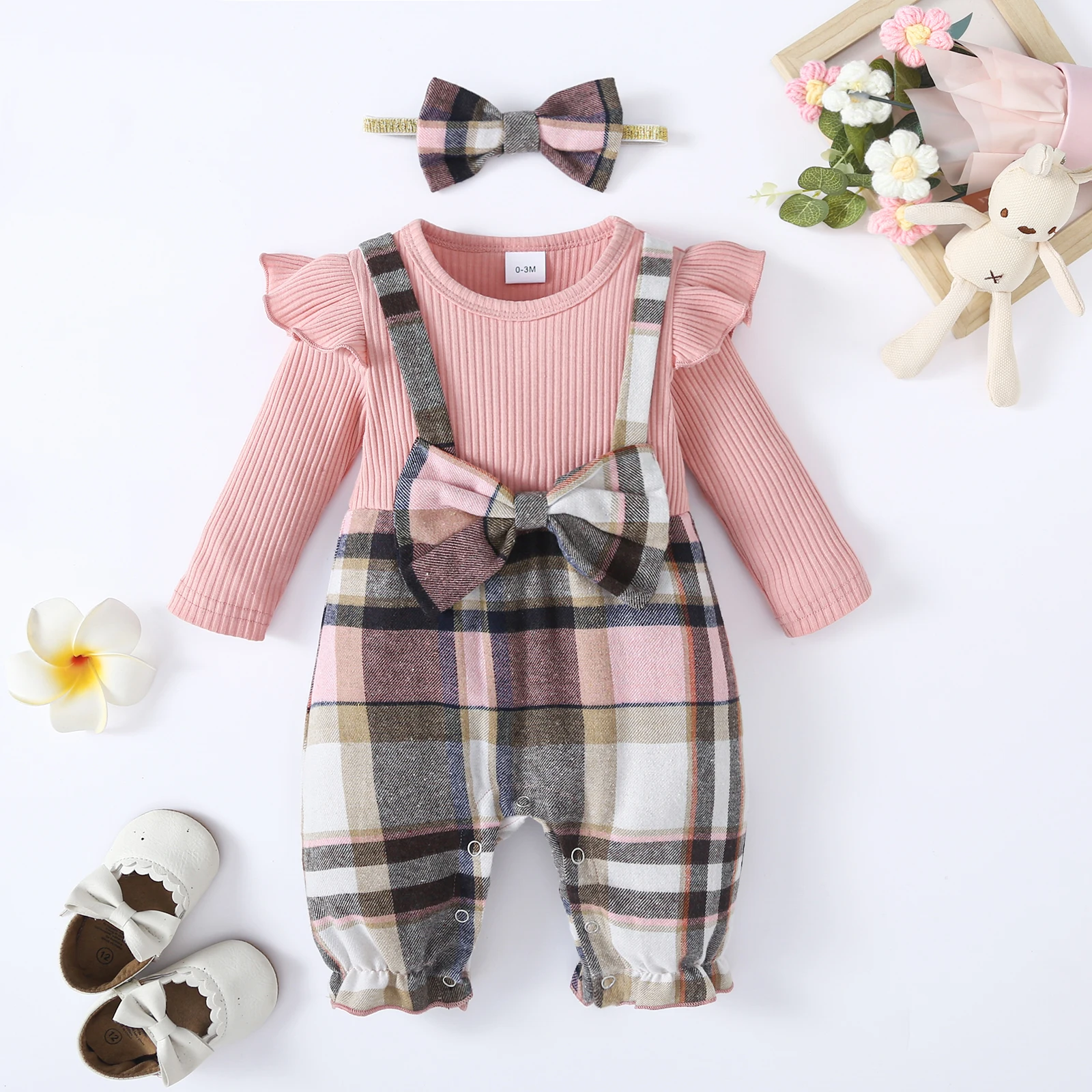 

0-18 Months Listenwind Baby Girl 2Pcs Fall Outfits Long Sleeve Plaid Print Suspender Romper with Headband Set Infant Clothes