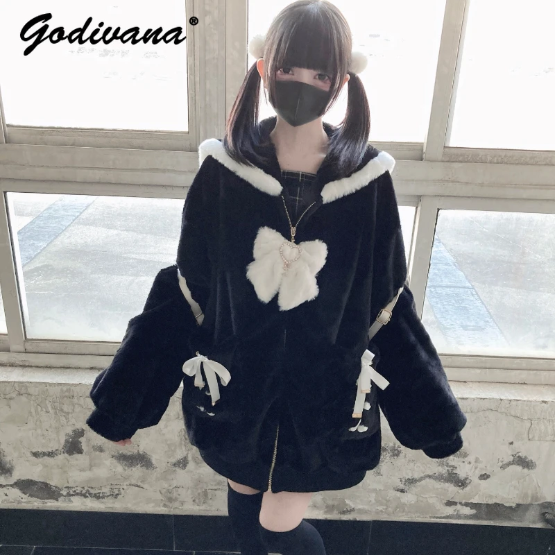 

Mass-Produced Mine Style Sailor Collar Lace-up Quilted Faux Rabbit Fur Coat Female Girls Winter Bow Thickened Warm Fur Jackets