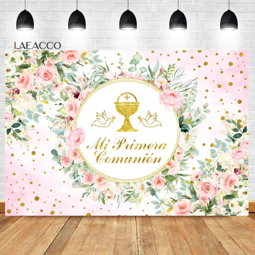 Laemacco Mi Primera Comunion Sfondo Rosa Floreale Oro Graal Colomba Ragazze Battesimo Compleanno Ritratto Fotografia Personalizzata Sfondo