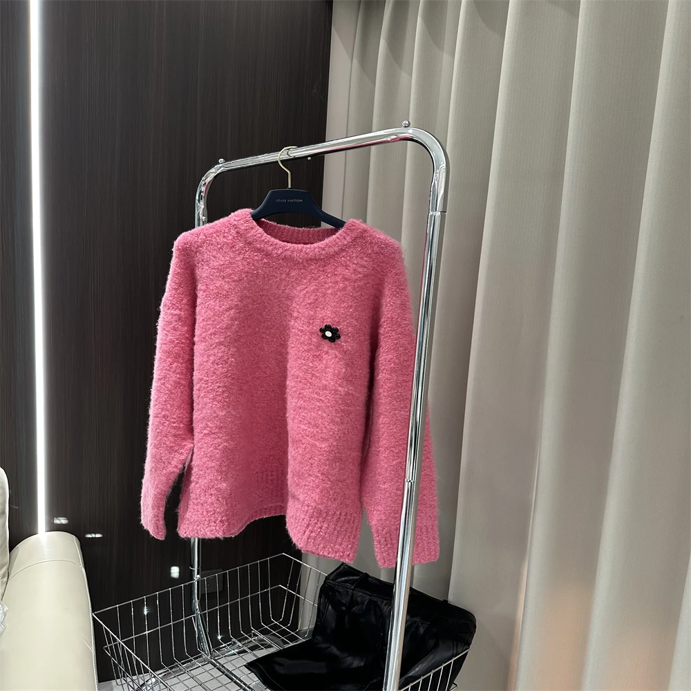 

Vintage Women Pink Solid Sweaters Autumn Winter ONeck Long Sleeve Pullovers Tops Korean Fashion Design Oversized Cashmer Sweater