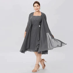 Gray Mother Of The Bride Dresses For Weddings Simple Chiffon Knee-Length Plus Size Pleated Dress For Wedding Guest Party Gown