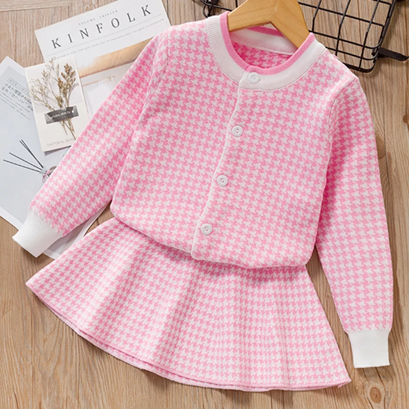 Bear Leader Girls Sets 2023 New Spring Pink Houndstooth Knitted Suits Long Sleeve Plaid Sweater Skit