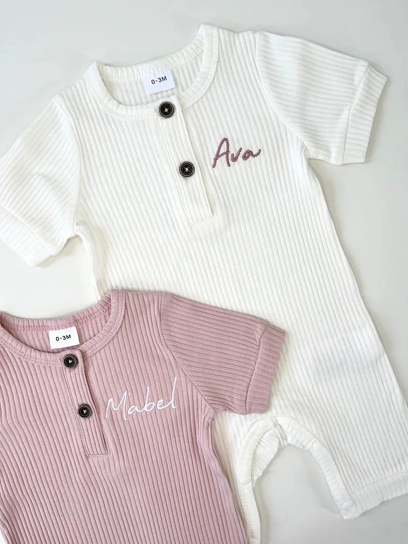 New Spring and Autumn Short sleeved Baby Bodysuit Embroidered Name Solid Color Baby Creeper Personalized Newborn Body