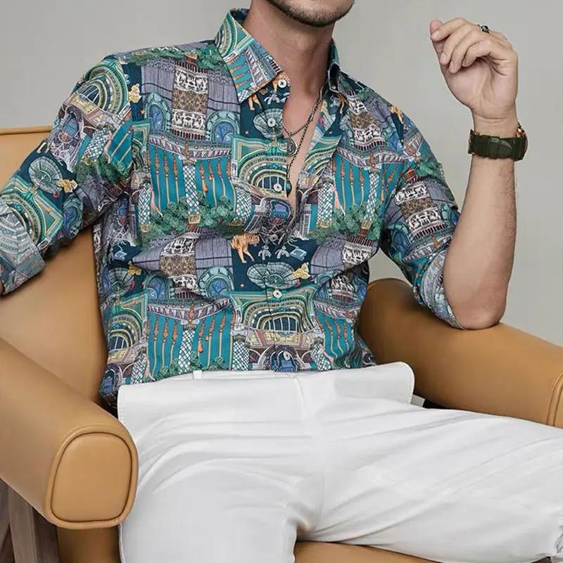2024 Elegant Fashion Harajuku Slim Fit Ropa Hombre Loose Casual All Match Shirt Pointed Collar Printed Button Long Sleeve Blusa