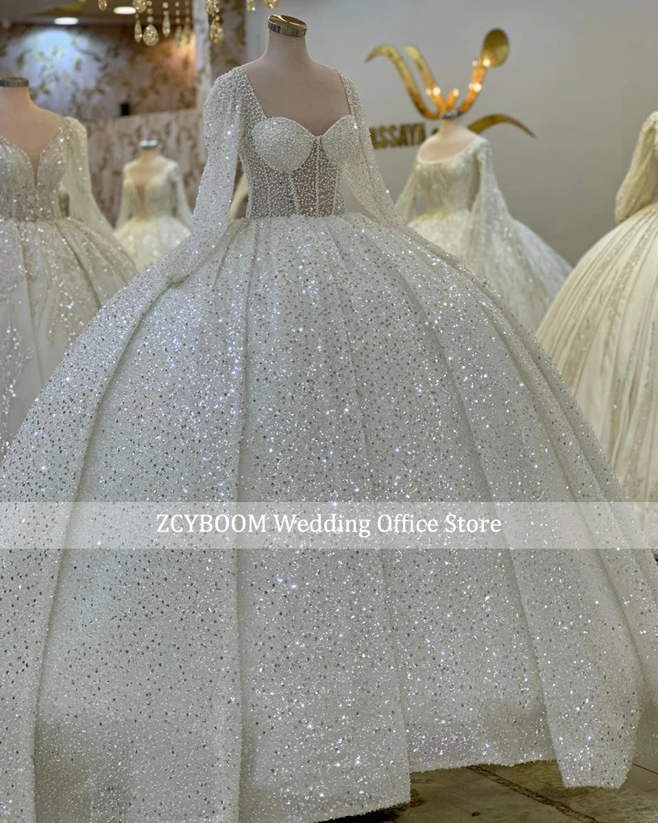 Luxuriöse Dubai Funkelnde Perlen Verzierte Prinzessin Hochzeitskleider 2026 Lange Ärmel Sweetheart Ballkleid Brautkleider Vestidos De Noiva – Detail 5