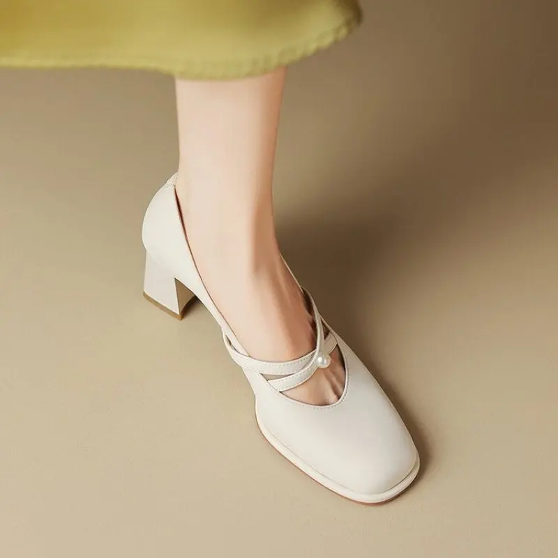 NEW Casual Slip On Vintage Ballet Women Shallow Silk Ladies Dress Thick Heel Fashion Pumps Female 2024 New Designer Shoes Bowtie