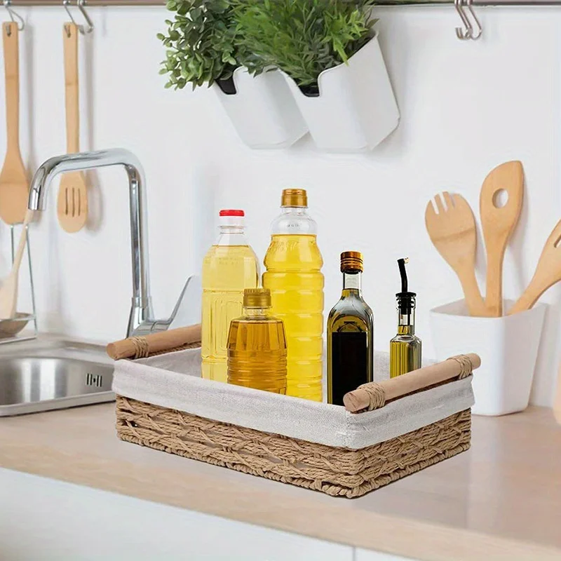 1pc Bathroom and Kitchen Storage Basket - Small Wicker Organizer for Countertops - Round Paper Rope 3