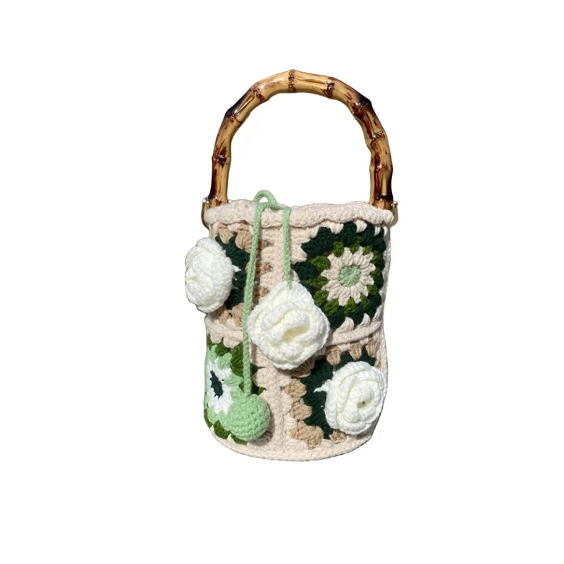 Handmade crochet flowers Bucket Bag for Women Handbag Rattan Beach Boho Bag Casual Colorful Woven Handle Shoulder Crossbody Bag