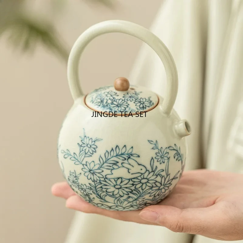 225ml Ceramic Cute Rabbit Ru Kiln Teapot Sunflower Hanging Beam Teapot Household Tea Set