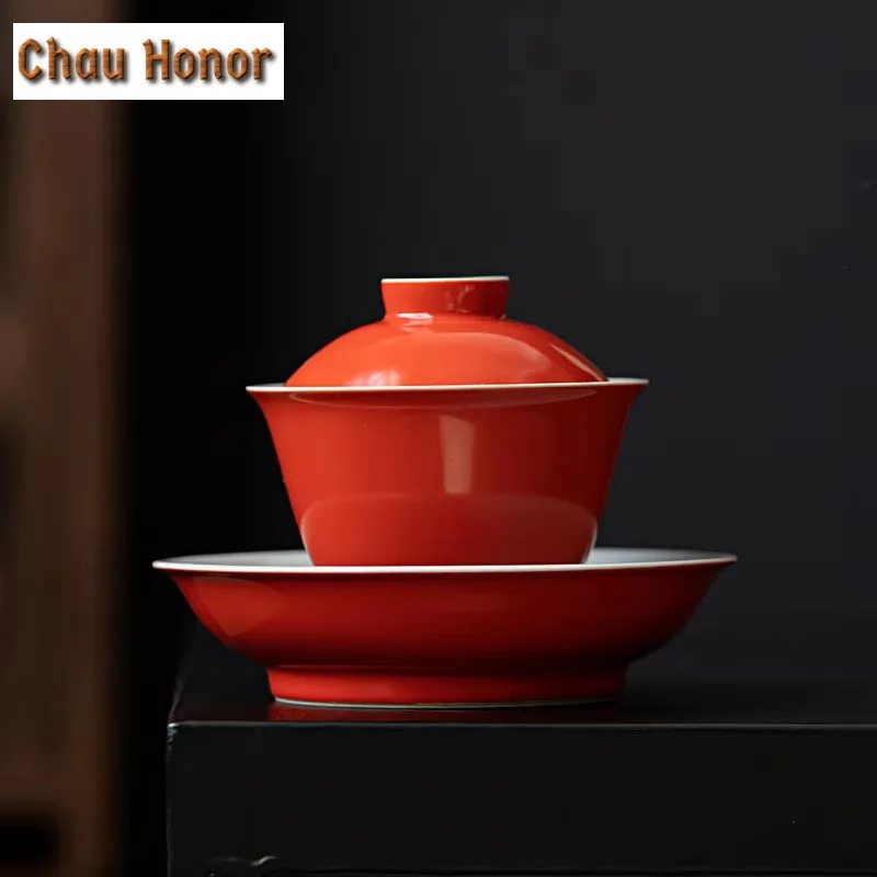 160ml Persimmon Red Ceramic Sancai Covered Bowl TeaCup Handmade Household Puer Kungfu Teaset Tea Ceremony Accessories Drinkware