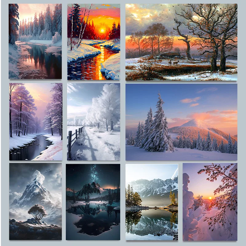 Snow Winter Landscape Alpine Tree Snowy Mountain Sunset Poster Print Wall Art Pictures Canvas Painting Living Room Home Decor