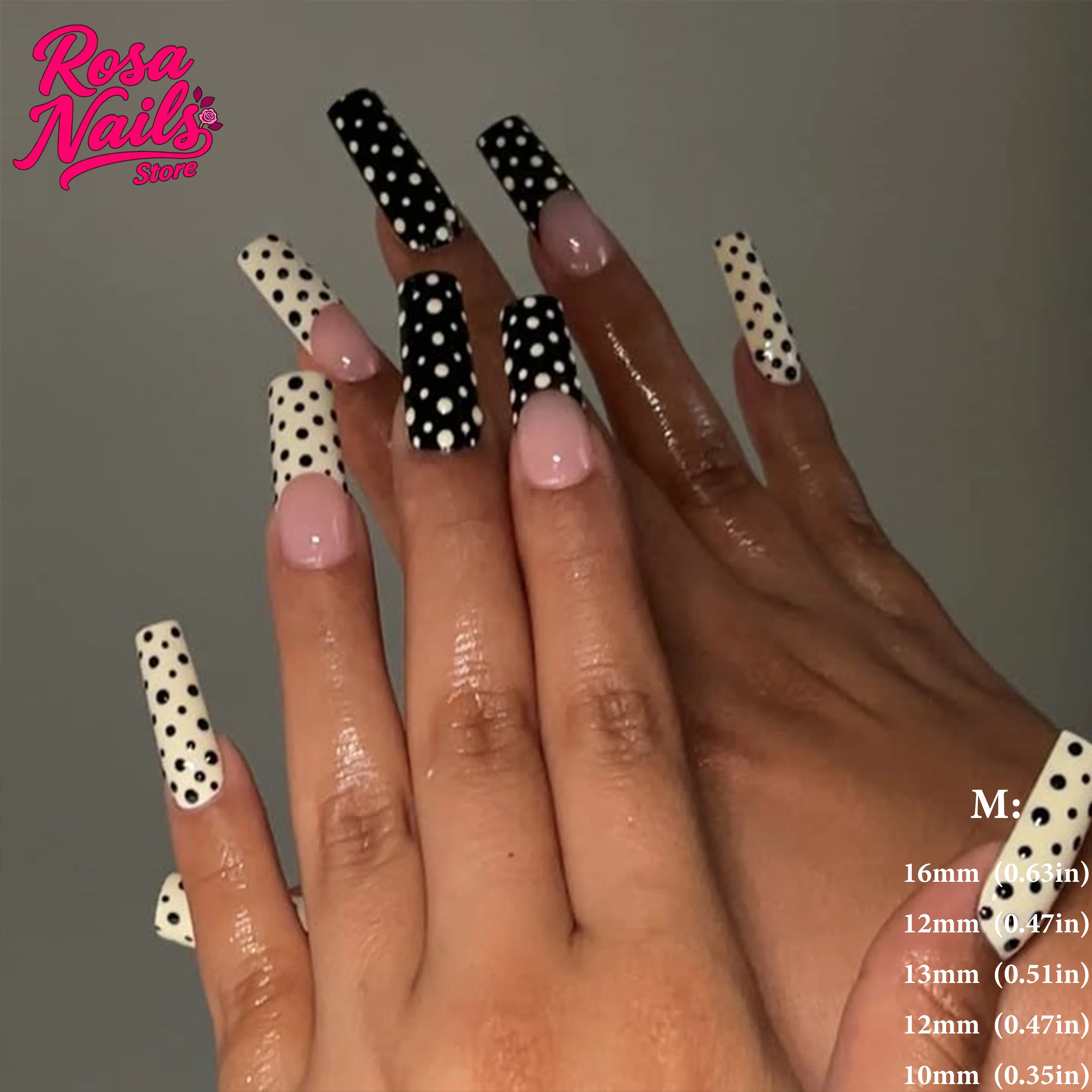 Summer Chic Polka Dot Press-On Nails with 3D Floral Accents in Pink, Yellow, and Brown French Tips