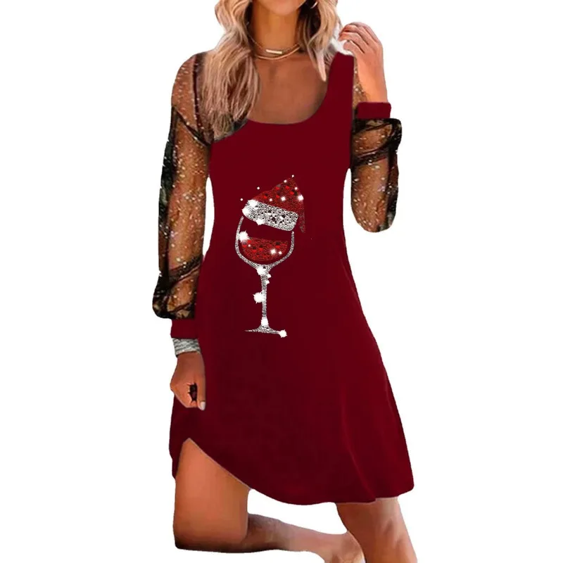 

Print Christmas Cup Women's Dresses Summer Fashion Gauze Long Sleeve Female Mini Dress Sexy Club Party Square Collar Vestidos