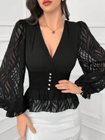 Women's Elegant and Fashionable V Neck Lantern Sleeve Waist Shirt - Image 5