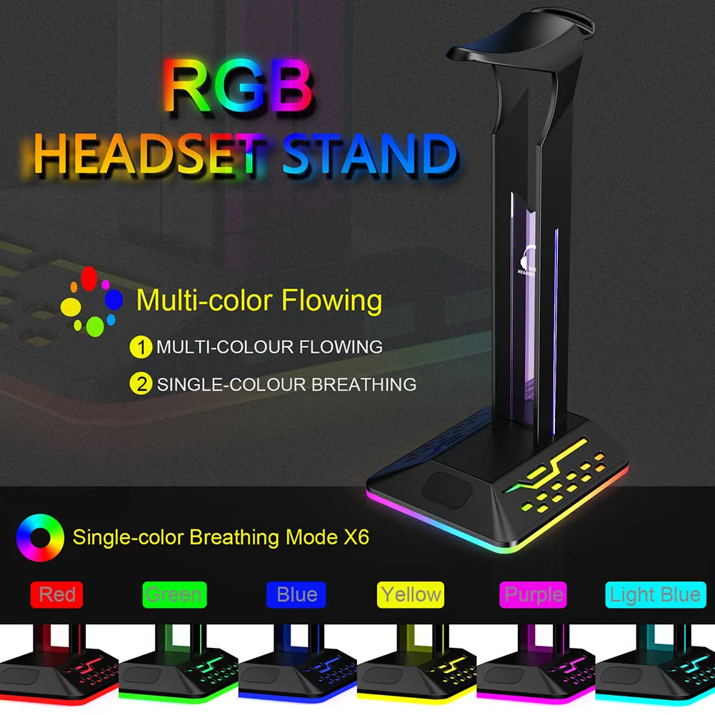RGB 헤드폰 스탠드 오버이어 헤드셋 거치대 데스크탑 디스플레이 선반, 게이머 게임용 PC 액세서리 데스크, USB 포트 2 개