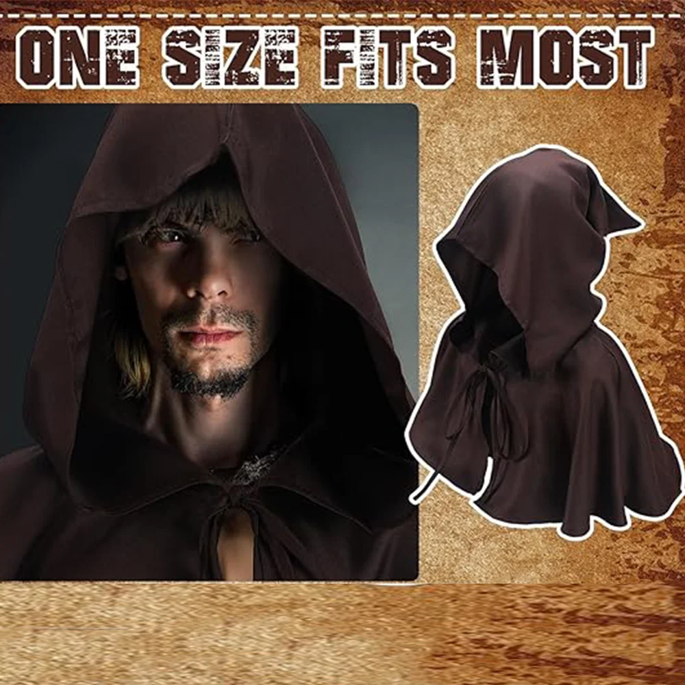 Halloween Cosplay Costume Solid Color Stand Collar Hooded Brown Death Cape Medieval Cloak Role-playing LARP Props