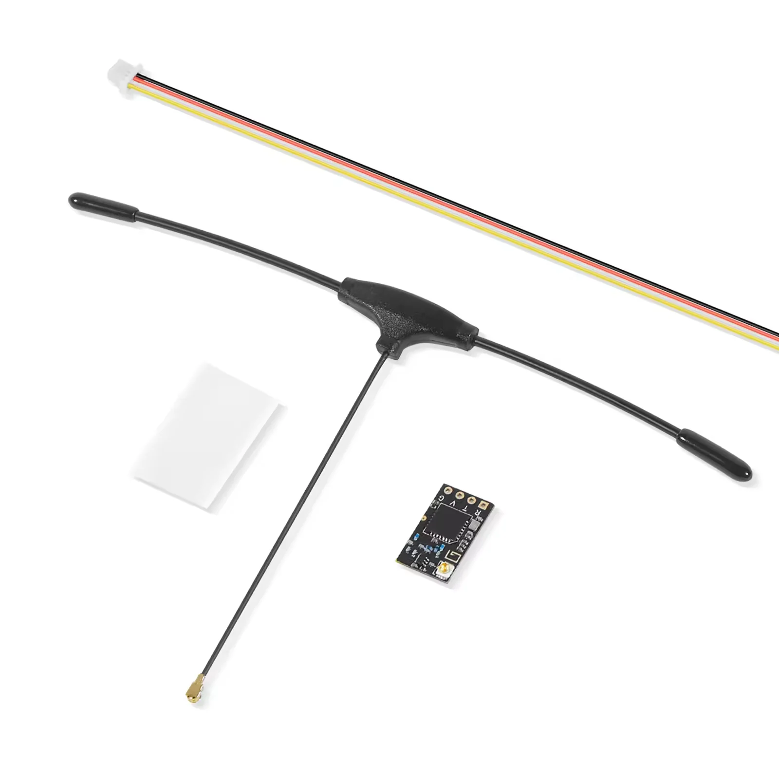 Vue de face du module émetteur-récepteur ELRS 500MHz pour drone FPV, montrant les ports et l'antenne.