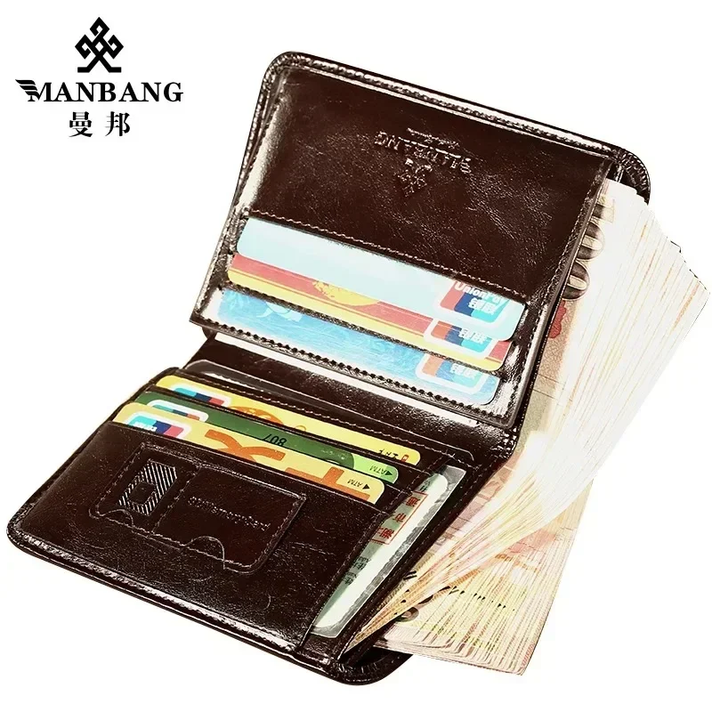 Leather Card Slim Wallet Luxury Brand Men's Wallets Genuine Cow Leather Male RFID Trifold Classical Short Purse with ID Window and Credit Card Holder