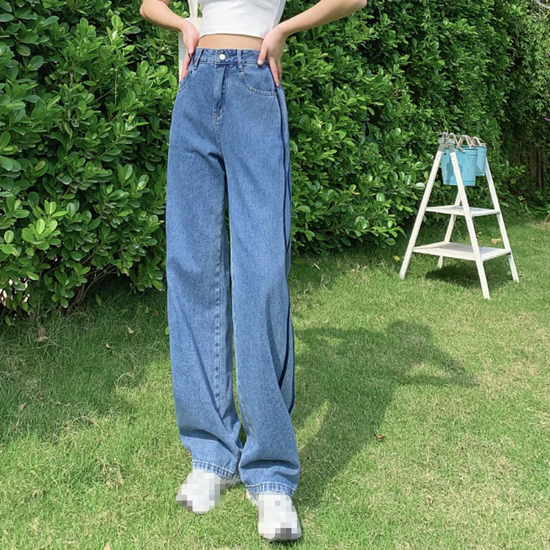 Blue High Waist Wide Leg Jeans 2022 Spring Women Personality Patchwork Straight Jeans Femme Vintage Loose Denim Pants Streetwear