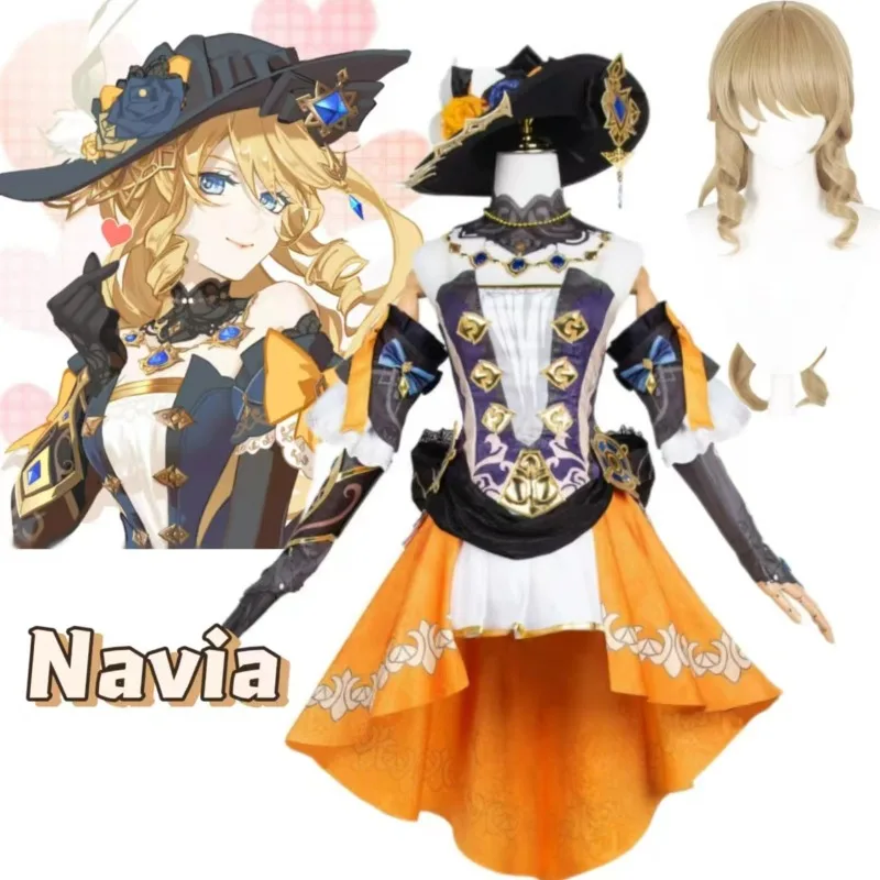 

Genshin Impact Navia Cosplay Costume Wig Hat Set Fontaine Women Dress Uniform Halloween Carnival Party for Girls