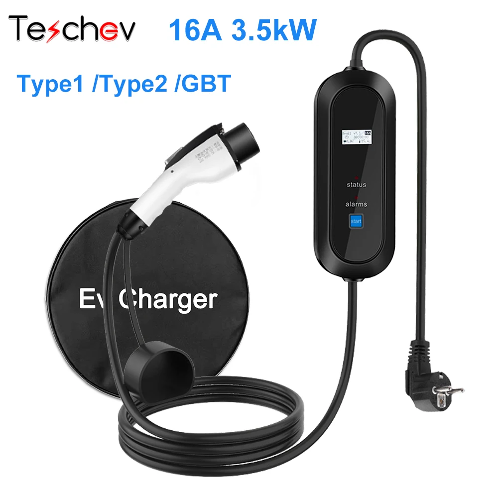 

Teschev GB/T Cord 16A 3.5kW Portable EV Charger Type2 Cable 220V EVSE Fast Charging Box Type1 Car Charger for Electric Vehicle