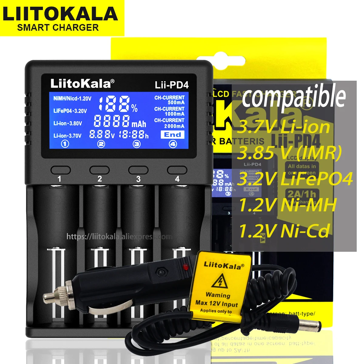 Battery charger Liitokala Lii-PD4 PL4 PD2, for 18650 3.7V Li-ion, 1.2V NiMH, 21700 18350 18500 AAA LiFePO4 3.2V 3.85V, 26650