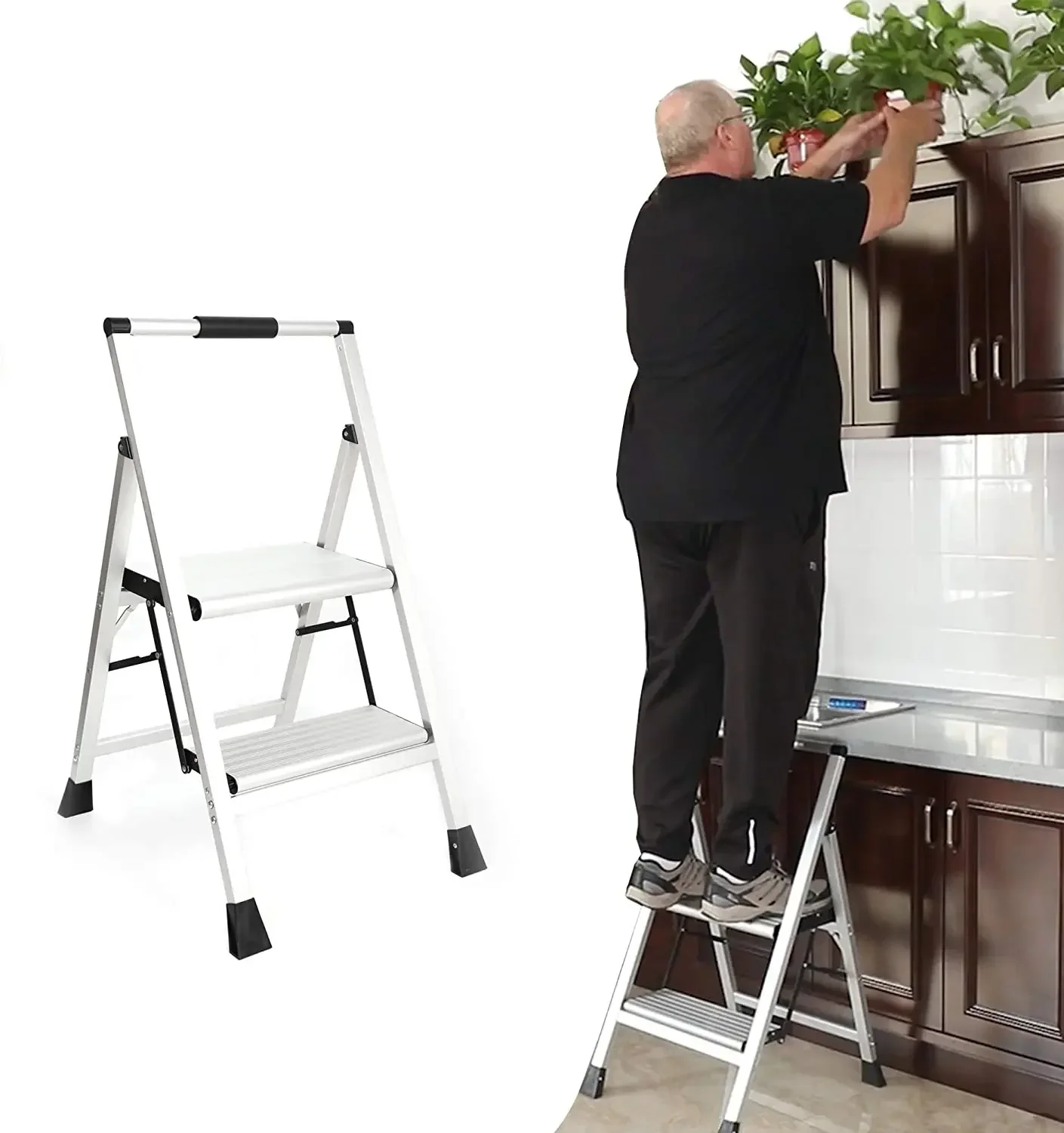 Household foldable 2 step stool aluminum size ladder portable folding step stool for apartment school and home