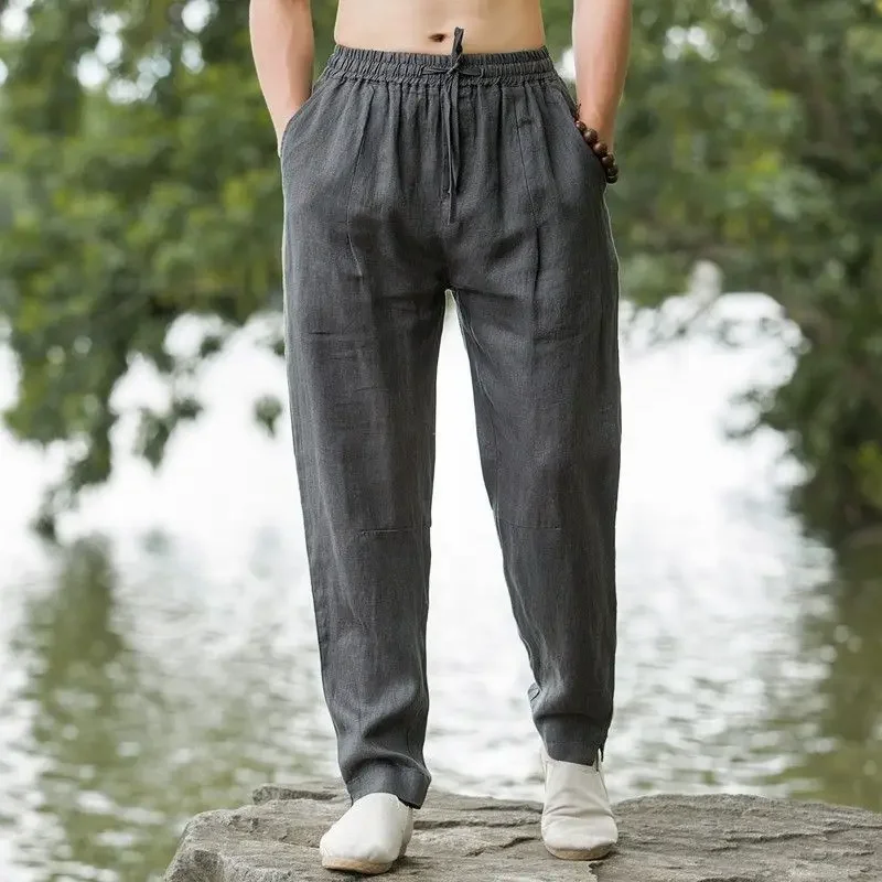 thumbnail image 1 of Pantalones de harén para hombre, holgados, de lino, finos, sueltos, anchos, de verano, nuevos de diseñador, talla grande, tendencia de moda Harajuku, pantalones casuales para hombre, 1 of 5