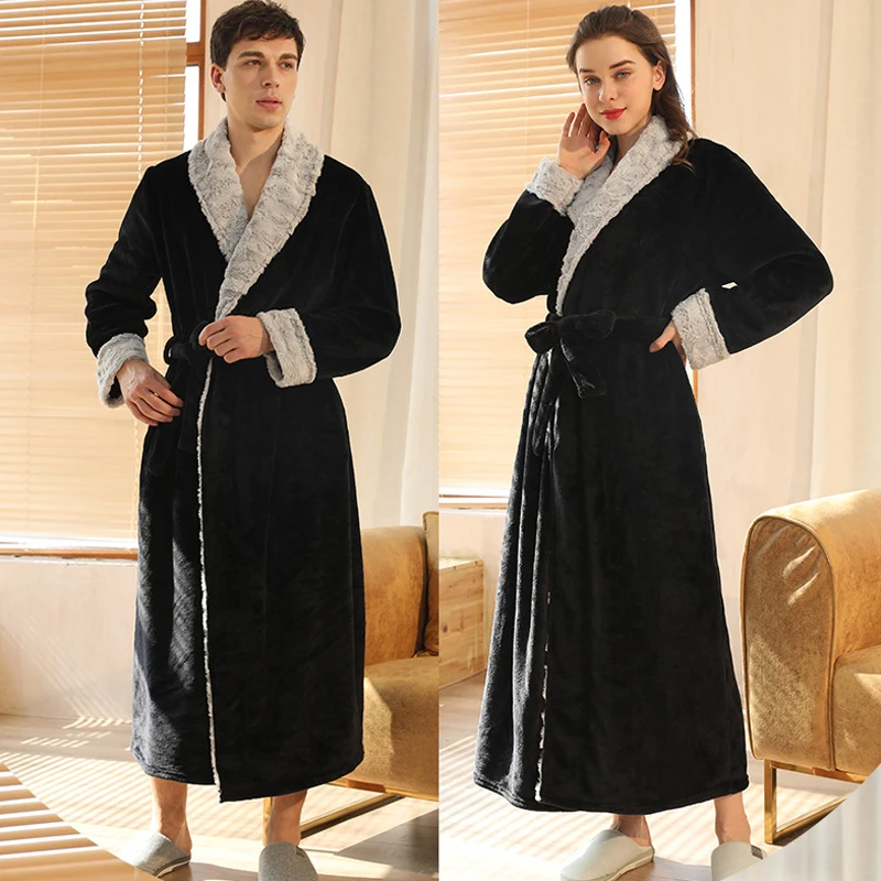 

Plush Flannel Nightgown Women's Warm Robes Men's Coral Fleece Couple Bathrobes Autumn Winter Thickened Long Sleepwear Home Wear