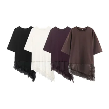 Women's Spring Summer Asymmetric Lace Trim Half Sleeve T-Shirt Back to School Casual Daily Wear Fashion Versatile Top 4 Colors 1