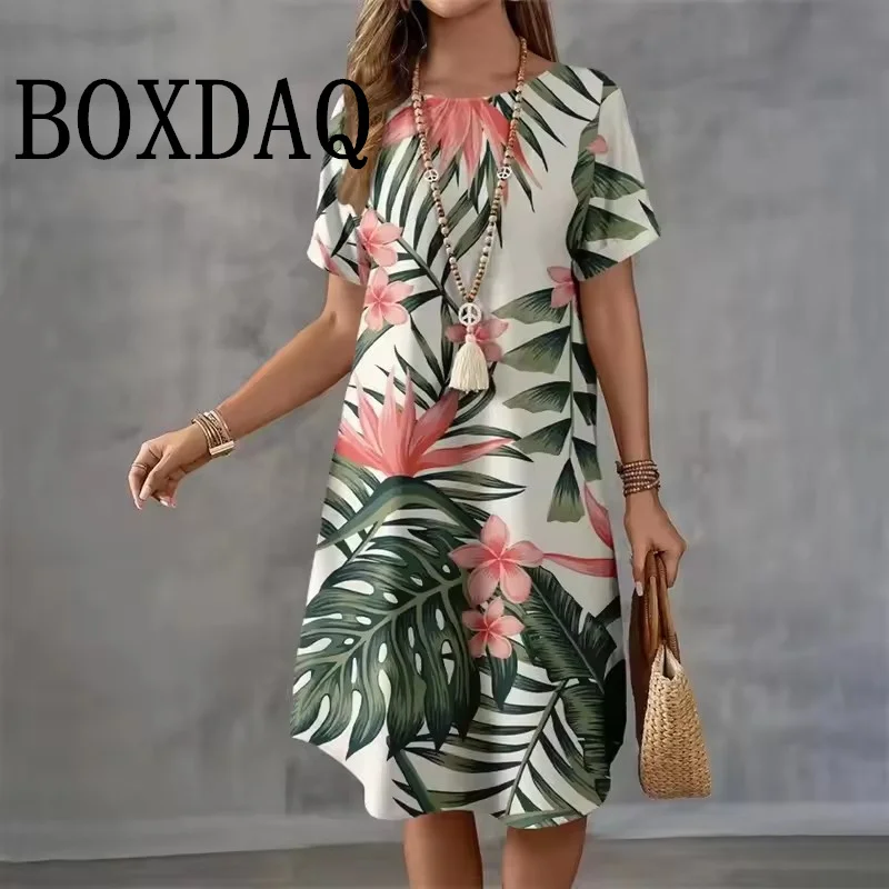 Summer Holiday Hawaiian Dress For Women 2025 New Ladies O-Neck Short Sleeve Loose Dress Casual Coconut Tree Print Beach Dresses