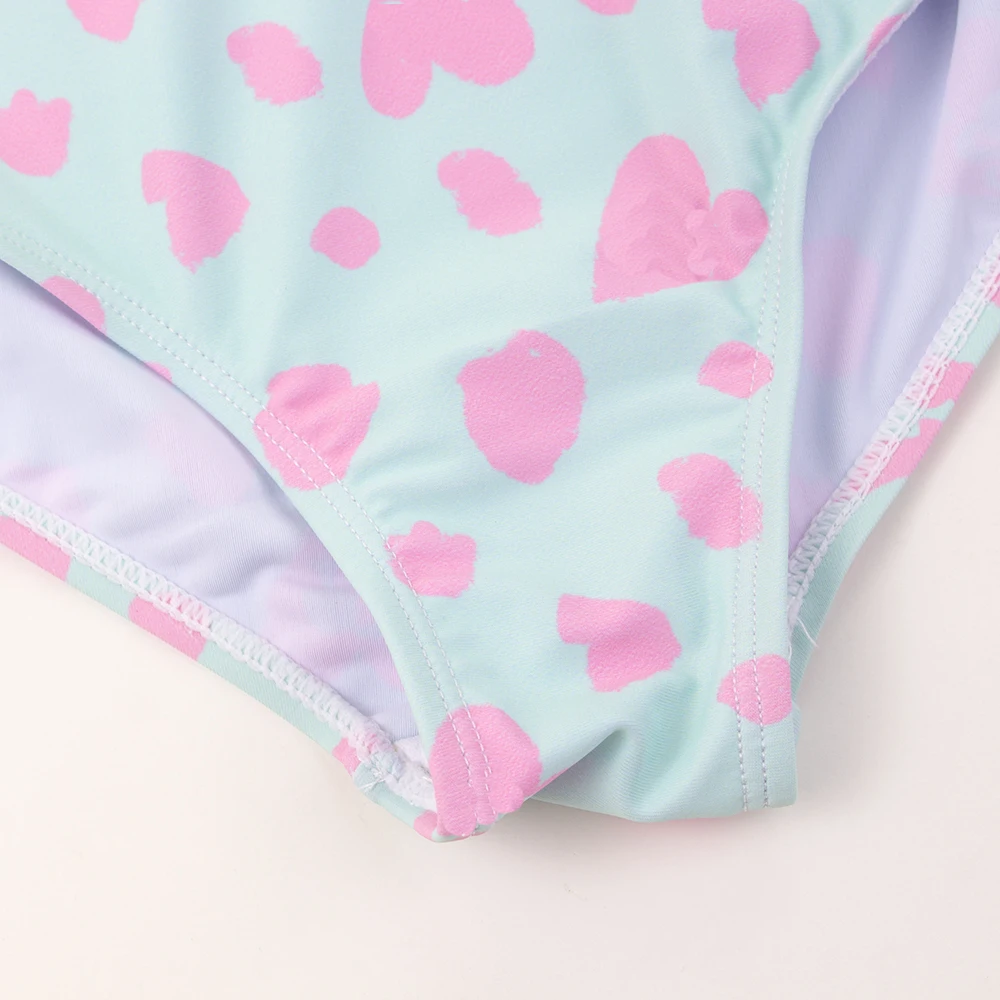 One-piece Quick-Drying Heart Print Swimsuit For Girls Zipper High Elasticity Long Sleeved Round Neck Sports Baby Kids Swimwear