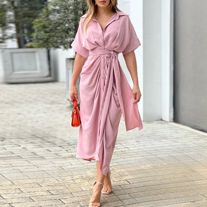 

Women's fashion 2024 new lapel mid-length short-sleeved single-breasted high-waist dress