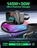 170W PD3.1 Car Charger, 140W + 30W Dual-Port Fast Charging Adapter with USB Cable, Smart Digital Voltage/Power 4