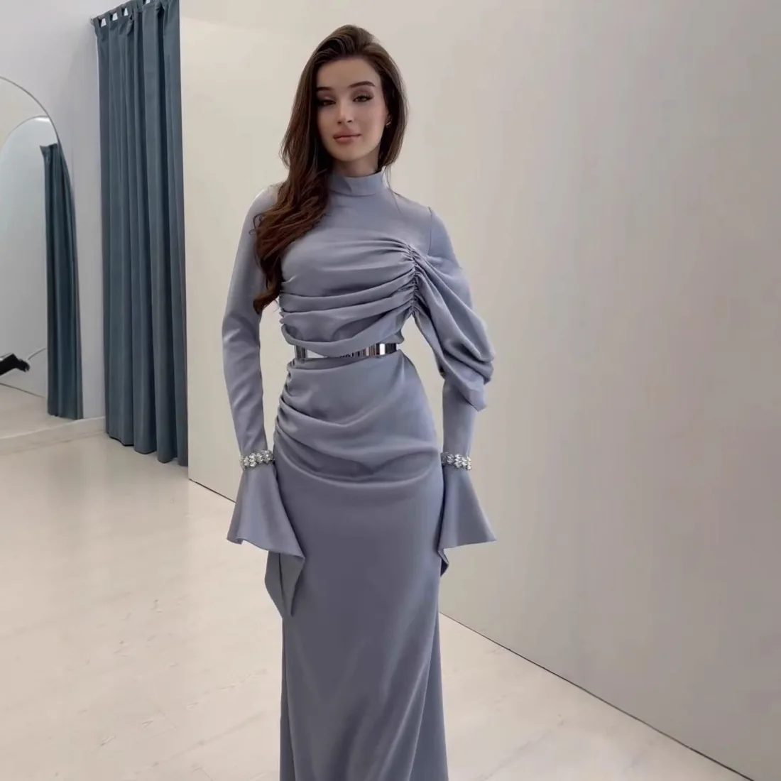 2025 Fashion Women's Solid Color Long Sleeve O-neck Pleated Floor Length  Saymmetrical Luxury Trendy Slim Dresses Female Clothes - AliExpress  200000345