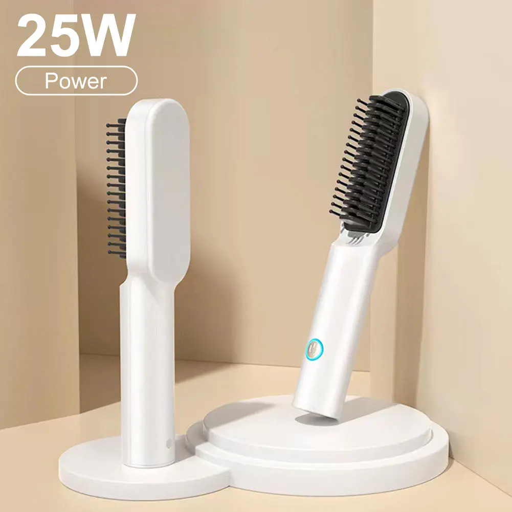 2 in 1 Hair Straightener Brush Anti-frizz Rechargeable Hair Curler Auto-shutoff Fast Heating Hot Comb Styling Tool