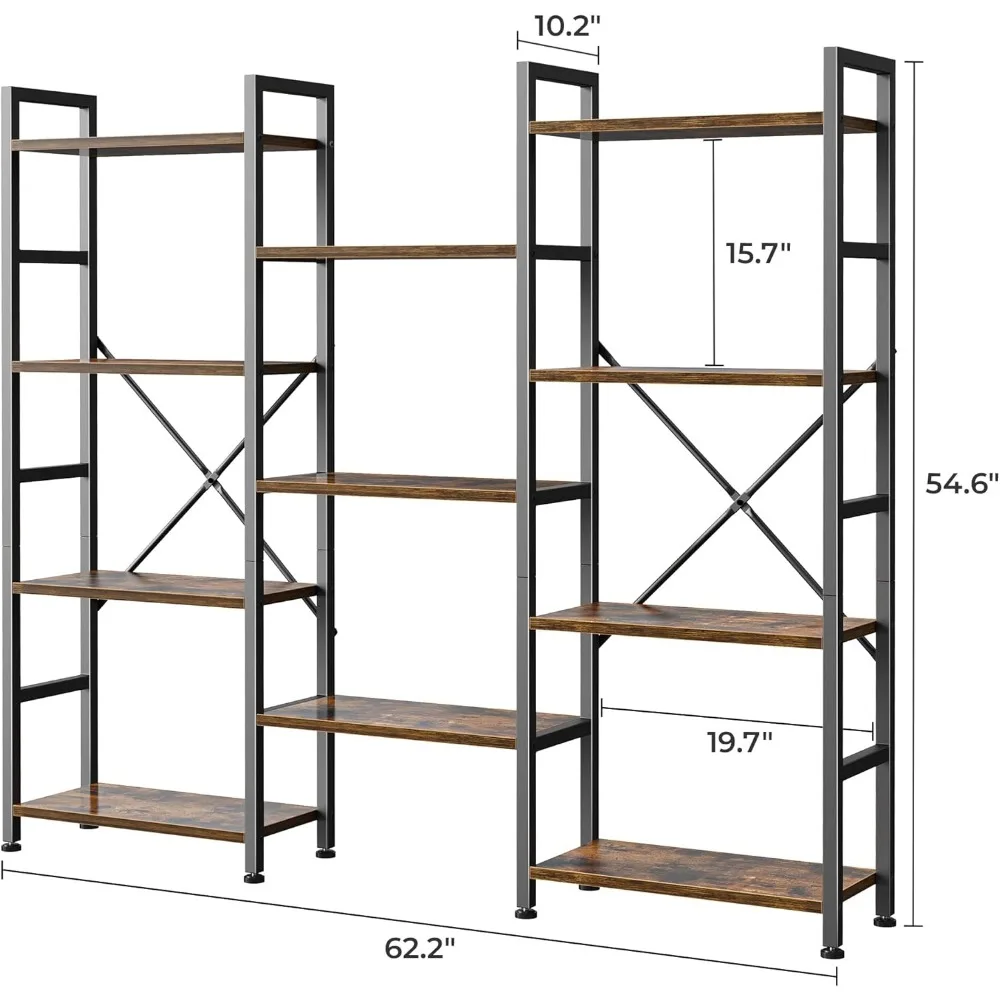 Triple 4 Tier Bookshelf, Bookcase with 11 Open Display Shelves, Wide Book Shelf Book Case for Home & Office, Rustic Brown 3