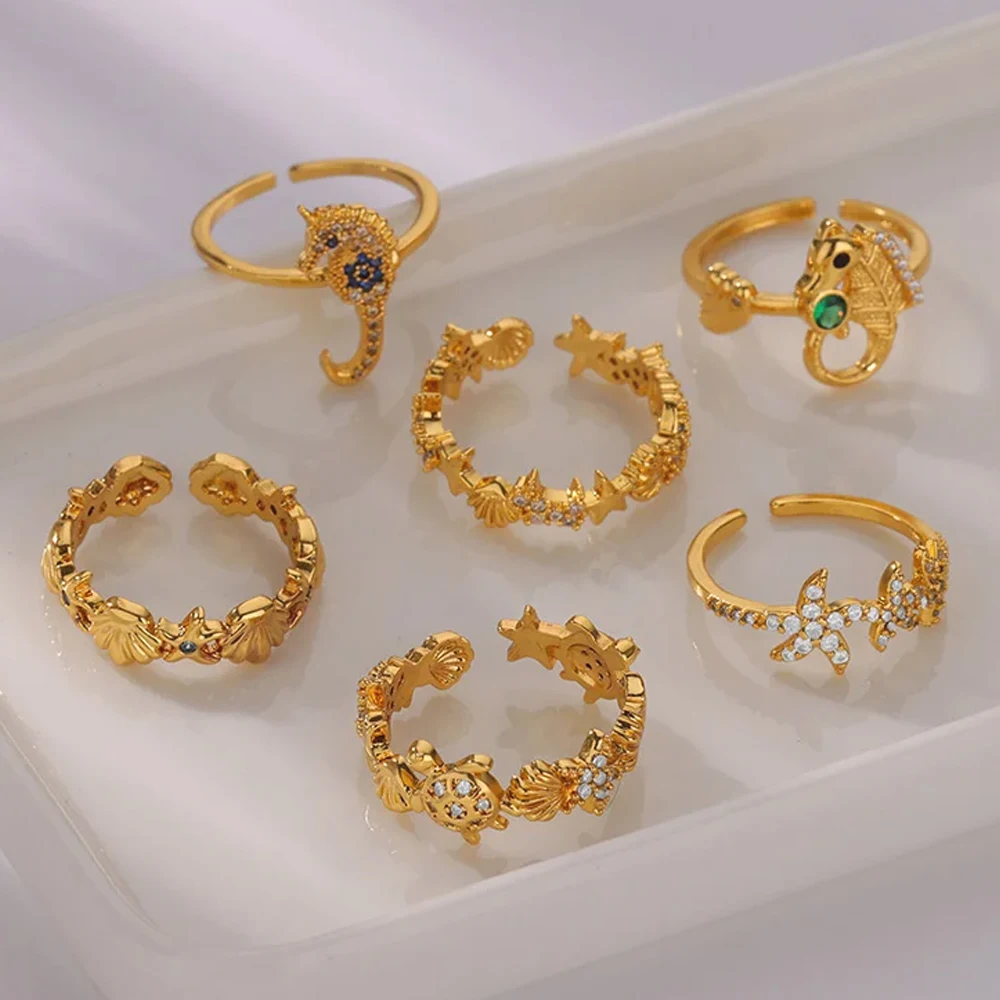 Dainty Zircon Shell Starfish Turtle Evil Eye Rings Stainless Steel Ring Women Anti Fading Golden Charm Jewelry Accessories Gifts 2