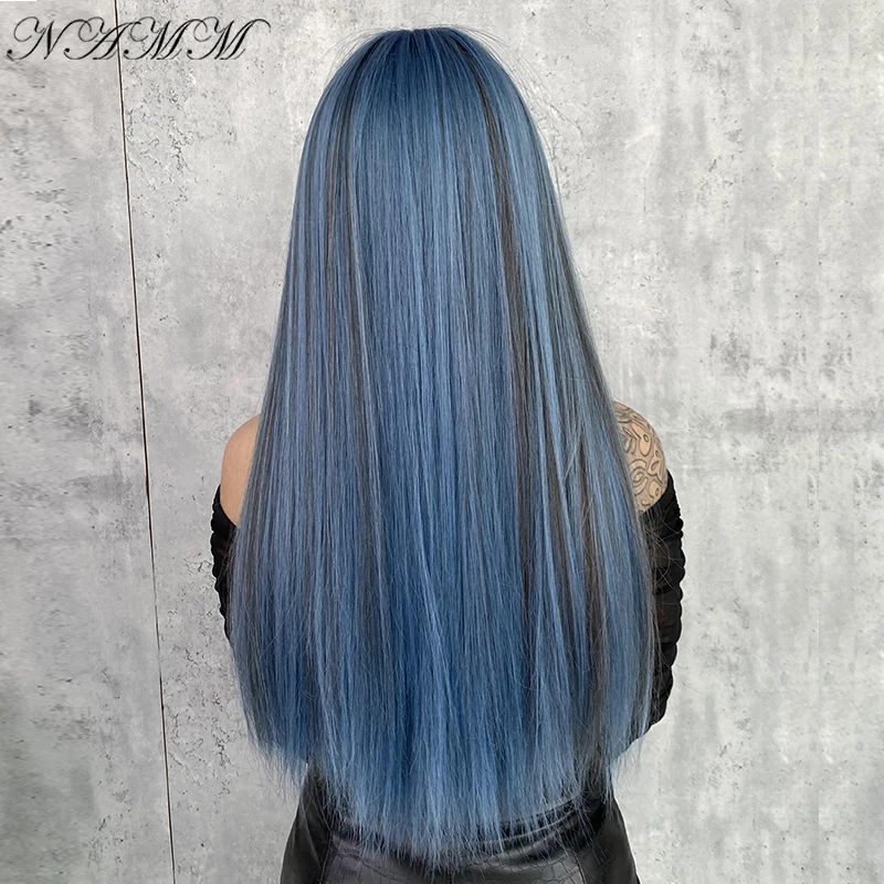 NAMM Fashion Women Synthetic Wigs with Bangs Mermaid Blue Color Long Straight Wigs Cosplay Fake Hair Natural Heat Resistant Wigs