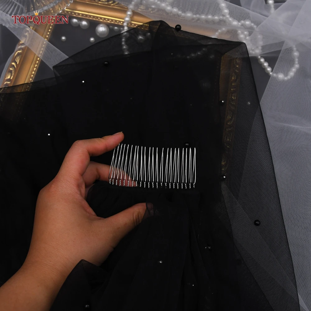 TOPQUEEN Pearls Black Long Bridal Veil With Comb 1 Layer Cathedral Wedding Veil with Pearl Wedding Accesories For Brides V05 bridal veil
