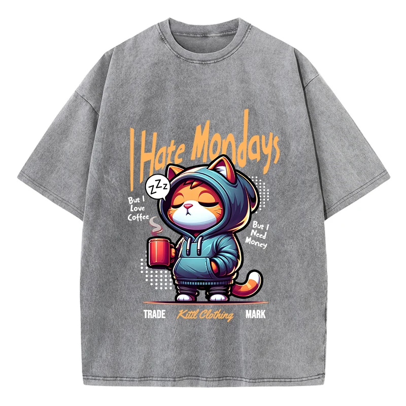 Fashion Woman Washed T-Shirts Cute Cartoons Cat Print Tee Shirts Cotton Distressed Oversize Crewneck Tops Street Female Clothes